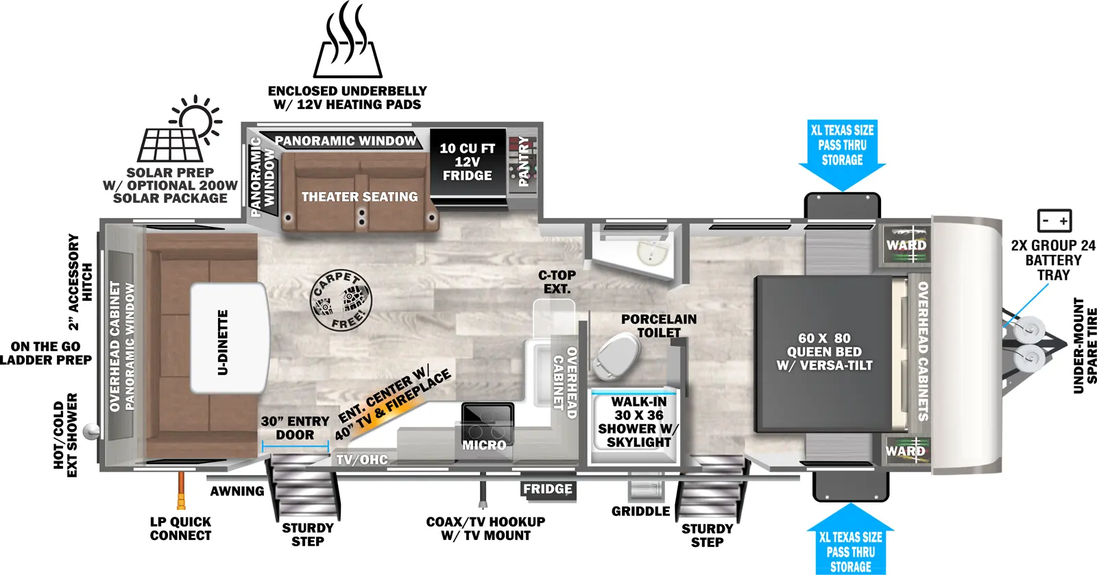 The Hemisphere Travel Trailers 24RDHL floorplan has two entries and one slide out. Exterior features include: fiberglass exterior and 19' awning. Interiors features include: u-dinette, front bedroom and pass through bathroom.